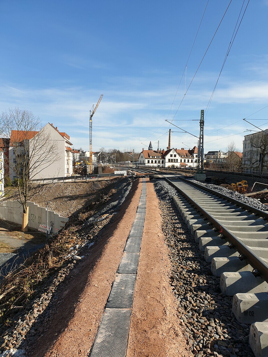Gleisbau Oberleitung in Richtung HP Chemnitz-Süd gesehen, 02.03.2022