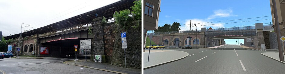 Die Überführung in der Reichenhainer Straße vor (links, 2015) und nach den Bauarbeiten (rechts, Visualisierung) 