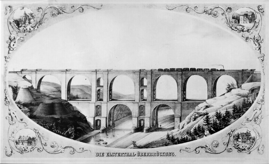 Die Elstertalbrücke kurz nach ihrer Vollendung – zeitgenössische Lithografie, um 1851 Die Elstertalbrücke kurz nach ihrer Vollendung – zeitgenössische Lithografie, um 1851.